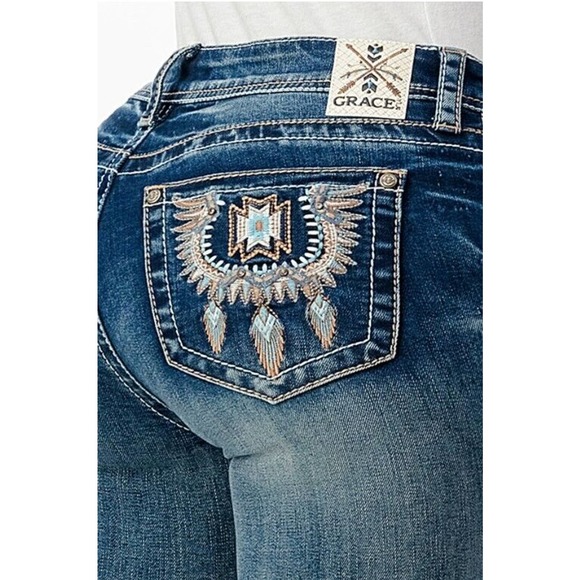 Grace in LA Women's Aztec Western Embroidered Feather Bootcut Stretch Jeans - Picture 1 of 3
